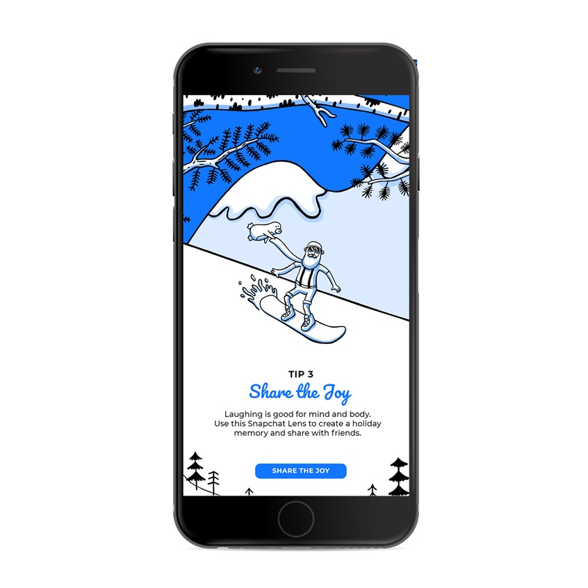 illustration of An award winning Christmas microsite hand illustrated featuring a character created by me called Zen Santa.
Yoga, hipster, tone on tone, cartoon blue, penguin, snowman, ice, icebergs, responsively web design, storybook, character development, chill, owl, trees, winter, wonderland, snowboard, pine trees, mountains, snapchat, QR code, waterfall, bear, seal, river, presents, gift, wrapping, zen, mindfulness, DJ, Boombox, speakers, dancing, line, stroke, mobile, experience, landscape, UI, UX