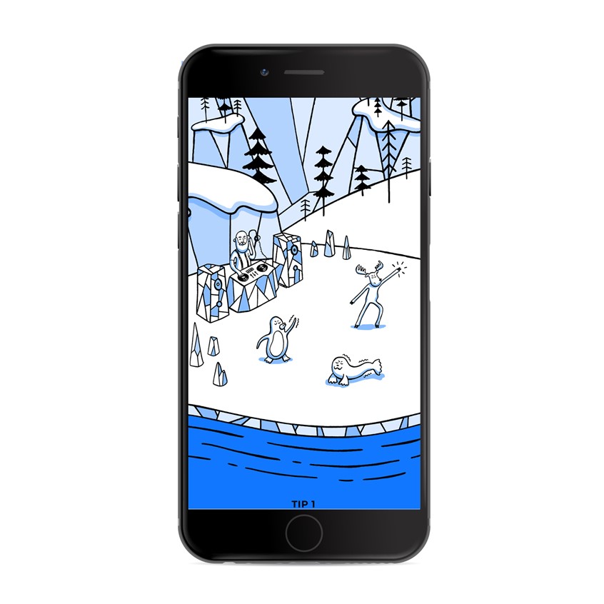 illustration of An award winning Christmas microsite hand illustrated featuring a character created by me called Zen Santa.
Yoga, hipster, tone on tone, cartoon blue, penguin, snowman, ice, icebergs, responsively web design, storybook, character development, chill, owl, trees, winter, wonderland, snowboard, pine trees, mountains, snapchat, QR code, waterfall, bear, seal, river, presents, gift, wrapping, zen, mindfulness, DJ, Boombox, speakers, dancing, line, stroke, mobile, experience, landscape, UI, UX