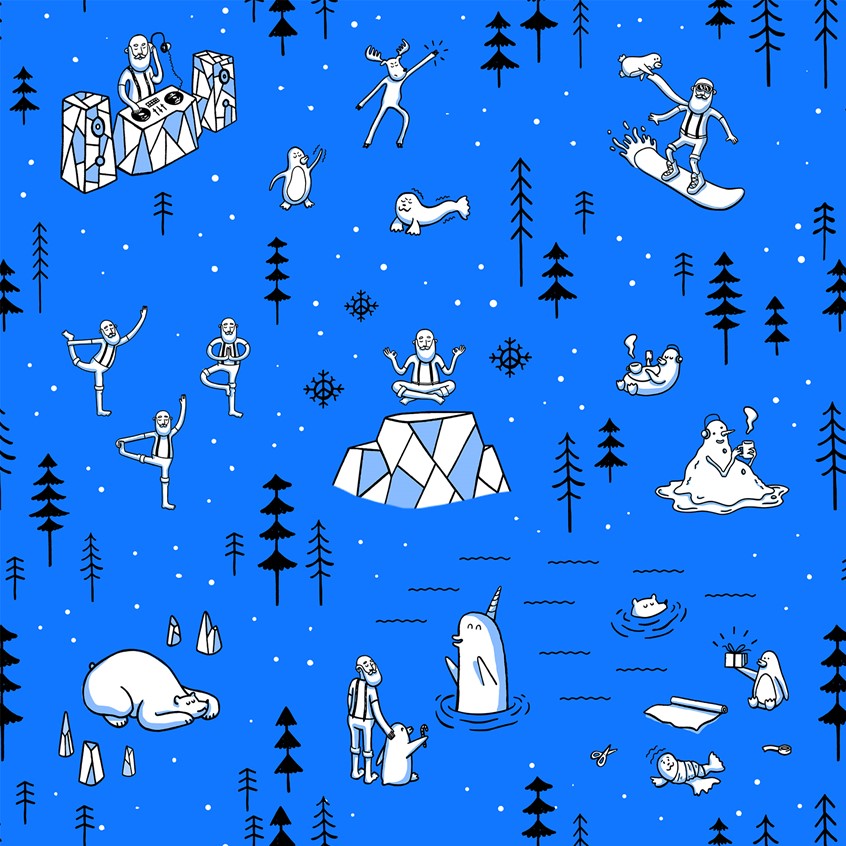 illustration of An award winning Christmas microsite hand illustrated featuring a character created by me called Zen Santa. Yoga, hipster, tone on tone, cartoon blue, penguin, snowman, ice, icebergs, responsively web design, storybook, character development, chill, owl, trees, winter, wonderland, snowboard, pine trees, mountains, snapchat, QR code, waterfall, bear, seal, river, presents, gift, wrapping, zen, mindfulness, DJ, Boombox, speakers, dancing, line, stroke, mobile, experience, landscape, UI, UX