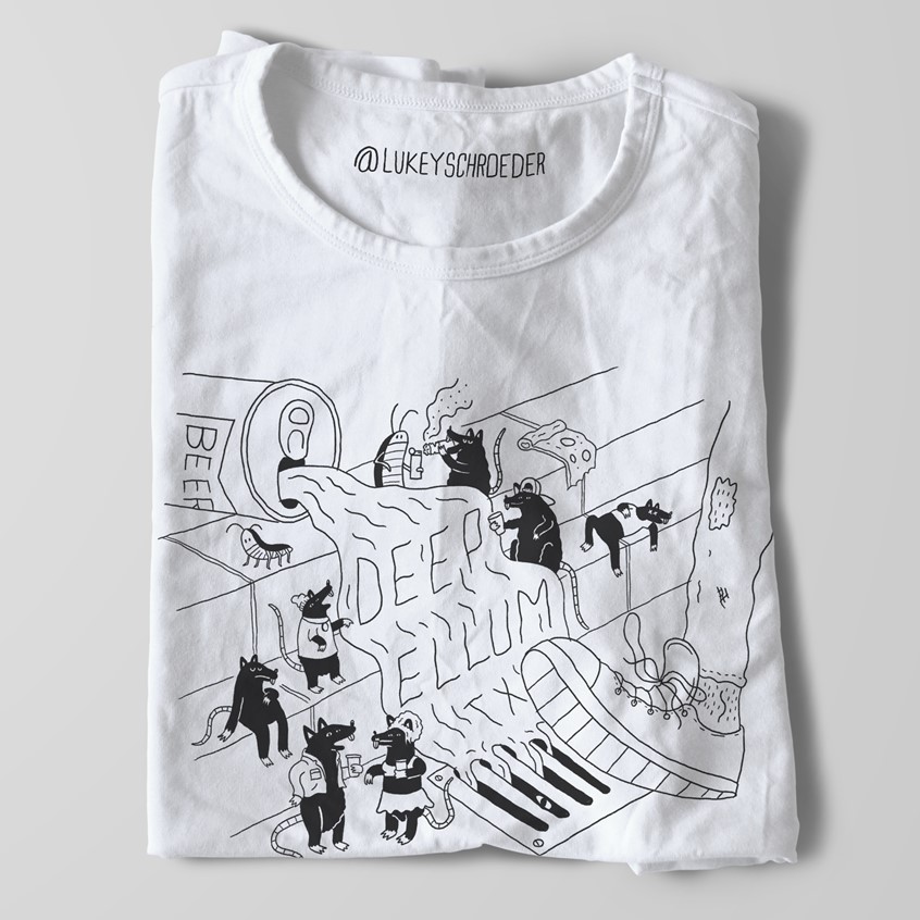 illustration of Part 1 of my Grungy T-shirt series celebrating my delightfully weird Texas neighborhood.
Limited Color, street, street wear, grunge, urban, youth. line with color, black, Texas, Deep Ellum, pizza, beer, rats, sneakers, party, smoke, rage, angst, counterculture, tattoo, tone on tone.