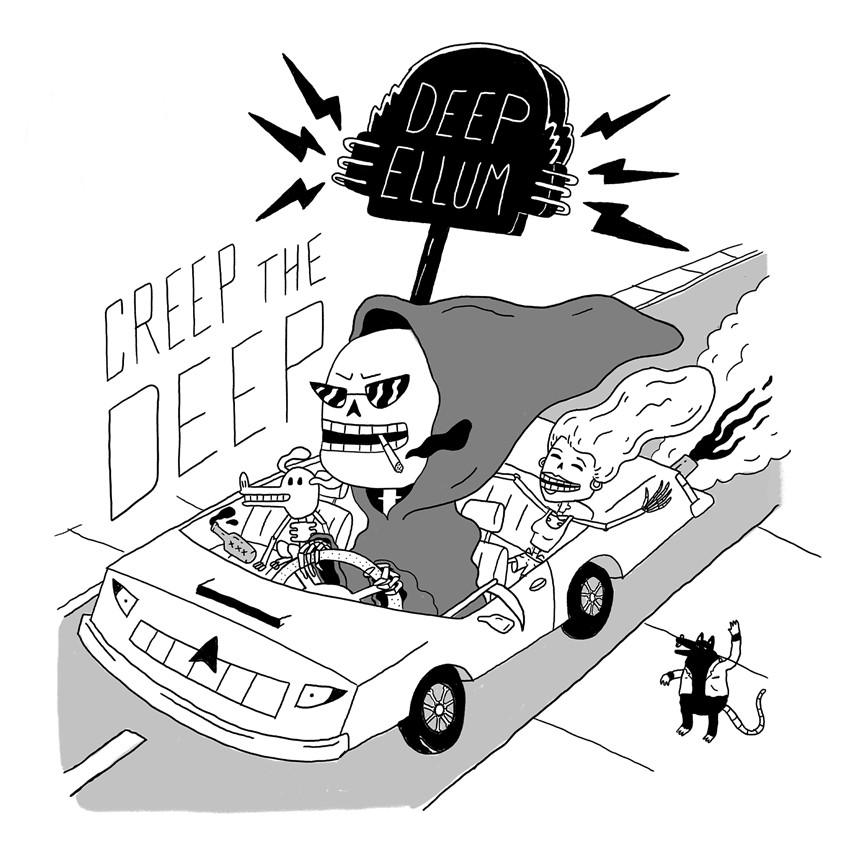 illustration of Part 1 of my Grungy T-shirt series celebrating my delightfully weird Texas neighborhood.
Limited Color, street, street wear, grunge, urban, youth. line with color, black, Texas, Deep Ellum, pizza, beer, rats, sneakers, party, smoke, rage, angst, counterculture, tattoo, tone on tone. car, hot rod, skull, grim reaper, sign, neon, covertable, road rage, dog