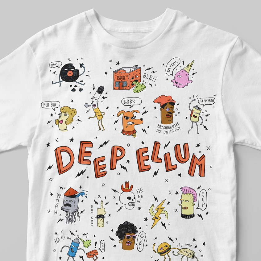 illustration of Part 3 of my Grungy T-shirt series celebrating my delightfully weird Texas neighborhood.
Limited Color, street, street wear, grunge, urban, youth. line with color, black, Texas, Deep Ellum, pizza, beer, rats, sneakers, party, smoke, rage, angst, counterculture, tattoo, tone on tone. car, hot rod, skull, grim reaper, sign, neon, covertable, road rage, dog, icons, people, hand lettering, block letters, stars, bolts.