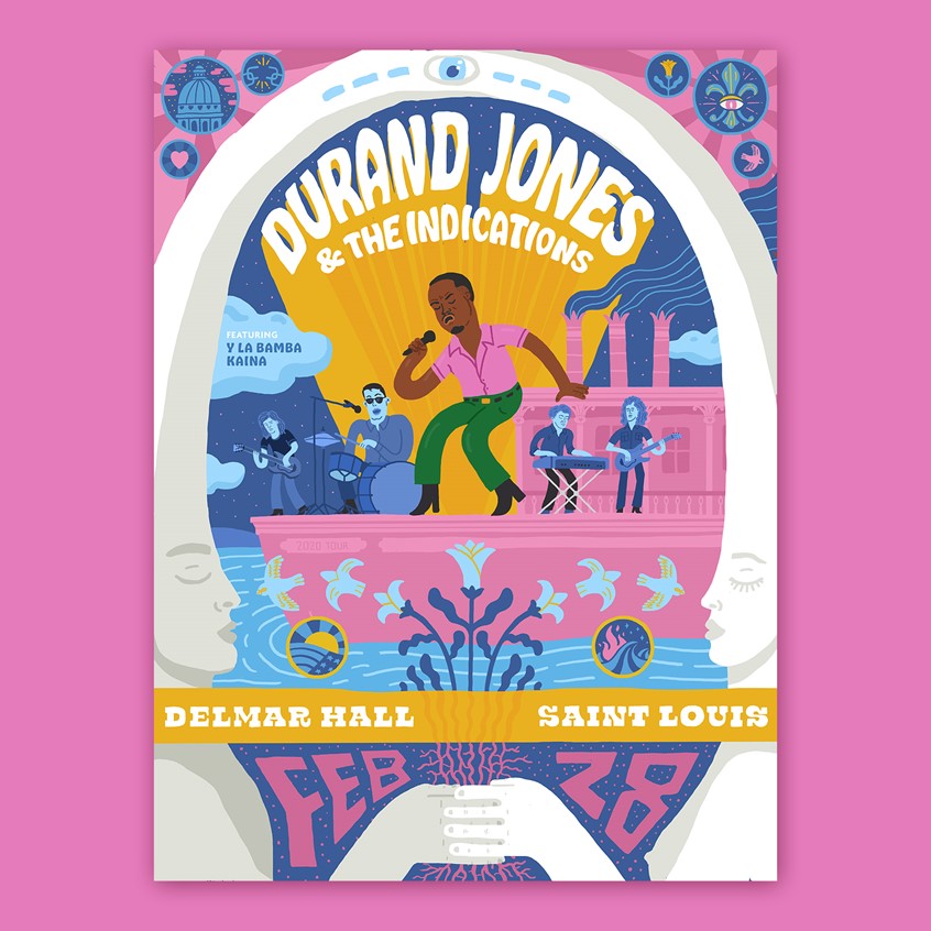 illustration of A winning poster design for the Durand Jones and The Indications poster contest.
Hand lettering, peace, love, unity, arch, St. Louis, Birds, statues, boat, river, music, band, soul, rock, digital painting, eye, whimsical. guitar, keyboard, drums.