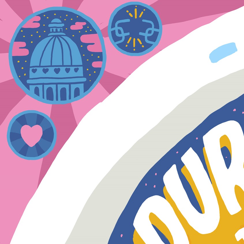 illustration of A winning poster design for the Durand Jones and The Indications poster contest.
Hand lettering, peace, love, unity, arch, St. Louis, Birds, statues, boat, river, music, band, soul, rock, digital painting, eye, whimsical. guitar, keyboard, drums, capital, chains, heart.