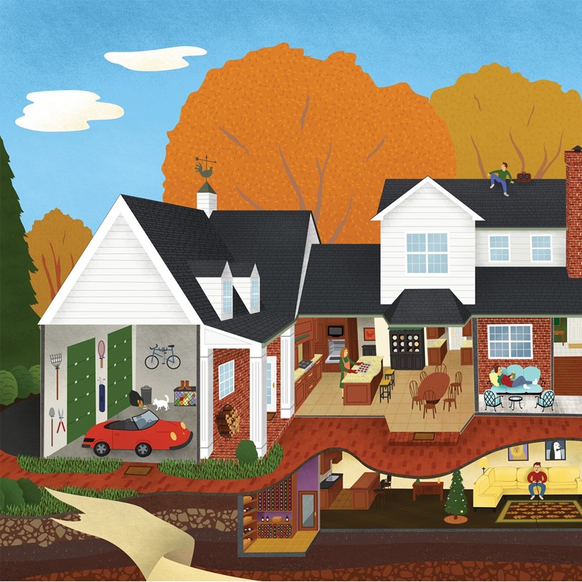 illustration of A doll house depiction of a midwestern family home and its characters inside.
Family, house, home, doll house, midwest, fall, leaves, brick, wood, kitchen, bed room, hot tub, Porsche, car, mom, dad, brother, sister, trees, furniture, garage, dog, puppy. wine cellar, architecture, windows.