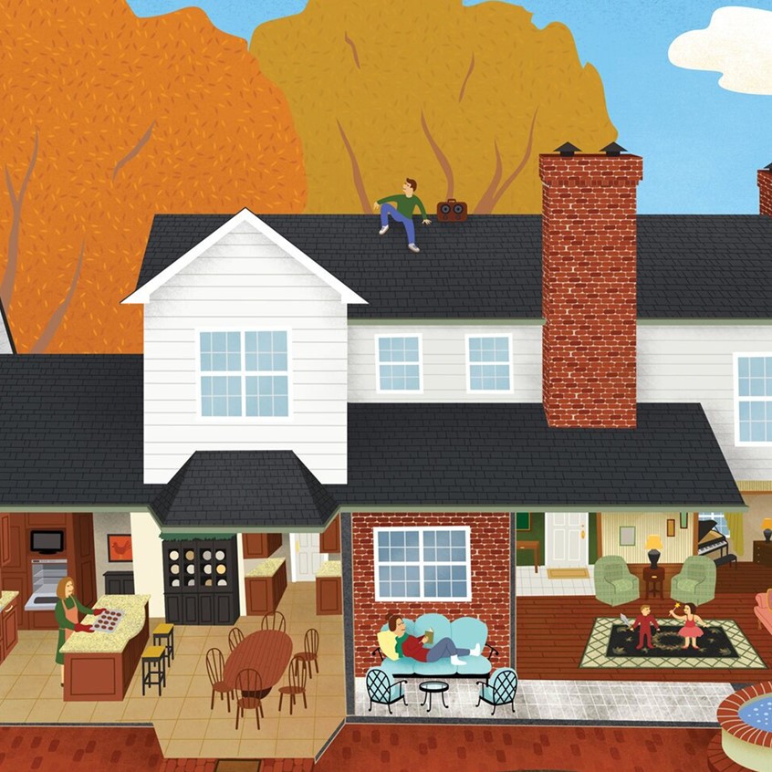 illustration of A doll house depiction of a midwestern family home and its characters inside.
Family, house, home, doll house, midwest, fall, leaves, brick, wood, kitchen, bed room, hot tub, Porsche, car, mom, dad, brother, sister, trees, furniture, garage, dog, puppy. wine cellar, architecture, windows.