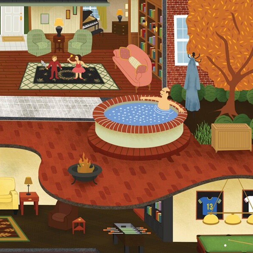 illustration of A doll house depiction of a midwestern family home and its characters inside.
Family, house, home, doll house, midwest, fall, leaves, brick, wood, kitchen, bed room, hot tub, Porsche, car, mom, dad, brother, sister, trees, furniture, garage, dog, puppy. wine cellar, architecture, windows, diorama.
