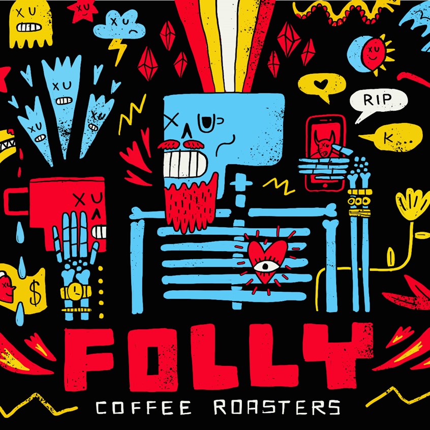 illustration of A grunge coffee mug design created for Fiolly coffee.
Skull, beard mug, coffee, roast, fire, word bubbles, snake, money, icons, heart, eye, flower, texture, distortion, hand lettering, diamonds, branding, bling, storm clouds.