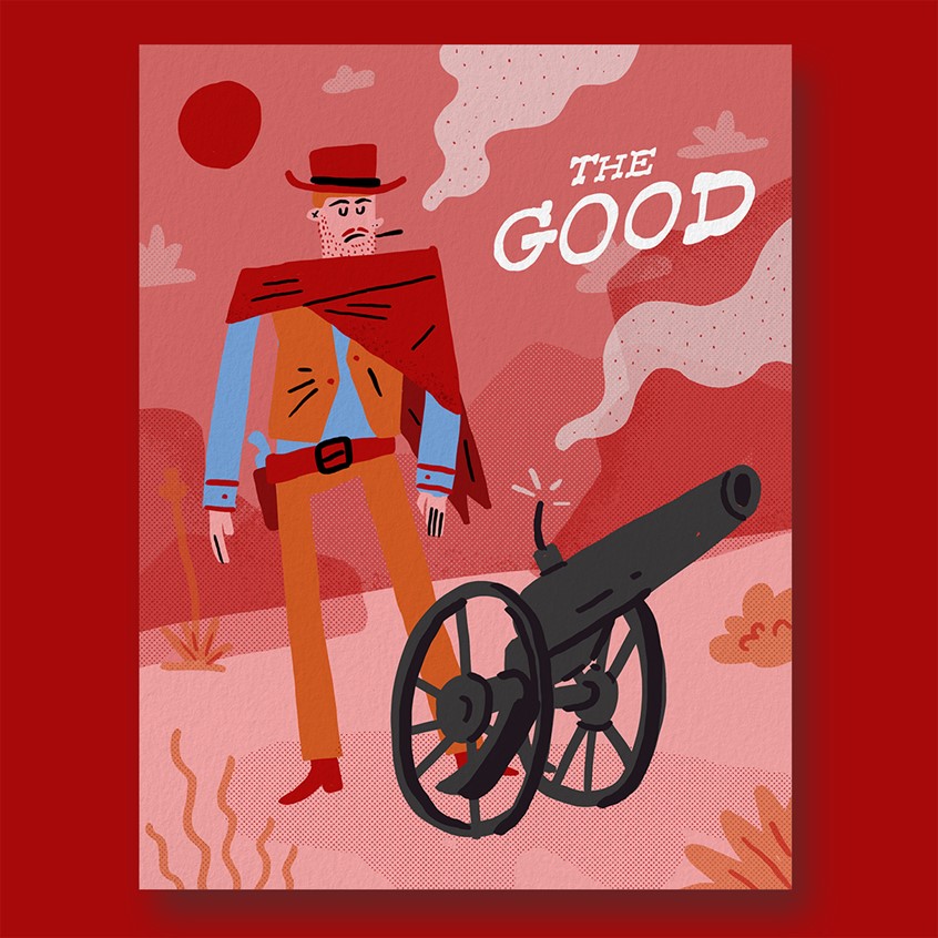 illustration of Fanart I created for the classic, spaghetti western, The Good, the Bad and the Ugly.
Western, character, villain, gun, cactus, grave, landscape, southwest, hand type, money bag, portrait, fan art, digital painting, texture, halftone, overlay, limited color palette, hero, cannon, smoke, cool, desert, mountains, custom typography, clouds, sunset, distress, sundown, icons, grunge, skull, hat, cowboy, boots.