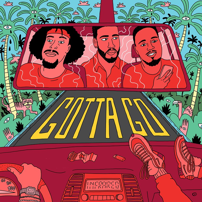 illustration of Album art I created for the Austin based rap trio, Infrar3d.
Tropical, palms, palm trees, eyes, animals, tiger, flamingo, road, drive, car, interior, radio, speedometer, bling, jewelry, nikes, swag, drip, iPhone, red, portrait, rappers, rap, smoke, haze, weed, mirror, reflection, line, stroke, street, urban, youth, music, iPhone, clouds. sun, black, afro, beard.