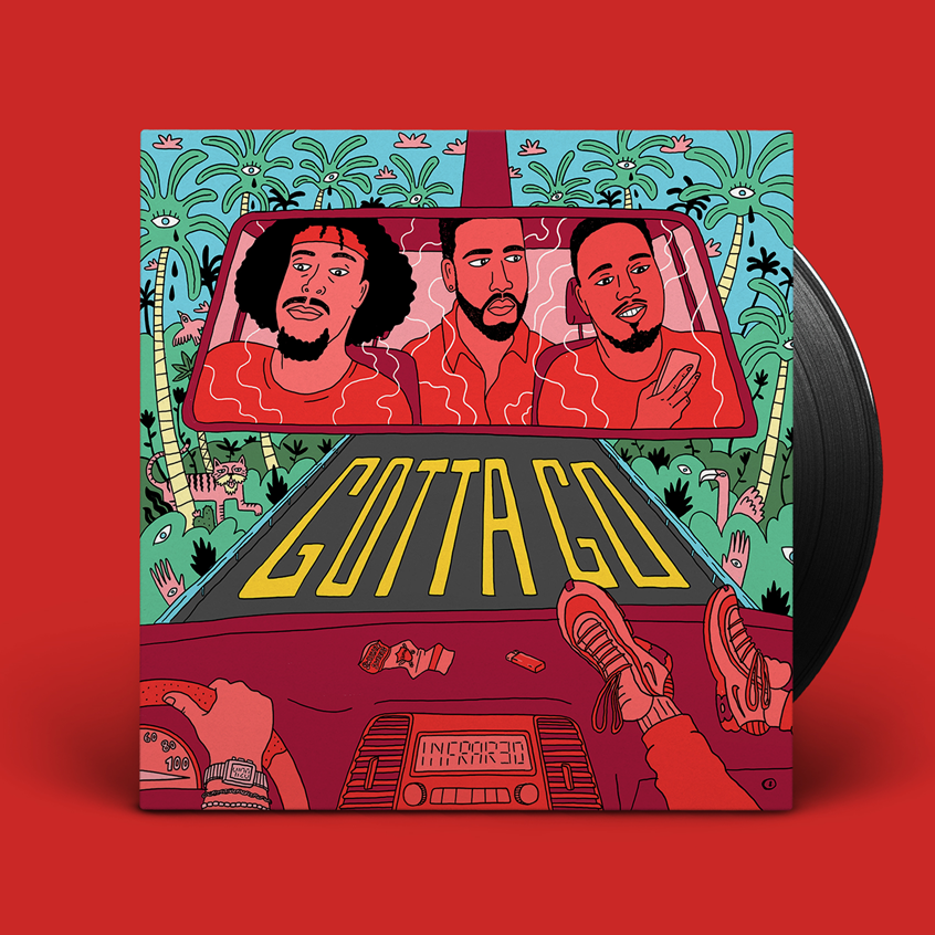 illustration of Album art I created for the Austin based rap trio, Infrar3d.
Tropical, palms, palm trees, eyes, animals, tiger, flamingo, road, drive, car, interior, radio, speedometer, bling, jewelry, nikes, swag, drip, iPhone, red, portrait, rappers, rap, smoke, haze, weed, mirror, reflection, line, stroke, street, urban, youth, music, iPhone, clouds. sun, black, afro, beard.