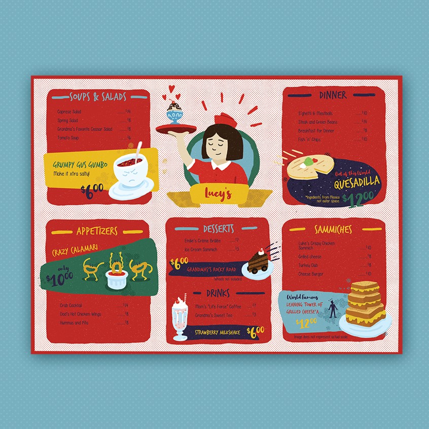 illustration of My niece and nephew love to play pretend kitchen so I created a whimsical restaurant menu for them to use in their imaginary diner.
Grilled cheese, halftone, digital painting, scale, painterly, design, menu design, branding, children's, children's books, eat, fantasy, imaginary, portrait, burger, food icons, rowdy, ravioli, texture, distress, Americana, classic, digital painting, calamari, marinara, ice cream Sunday, shrimp gumbo, quesadilla,
