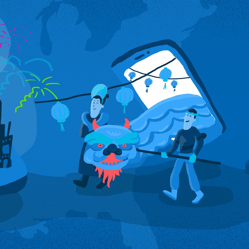 illustration of Winter campaign proposed for AT&T's Holiday campaign detailing different true stories in a storybook style.
This particular image shows people of all cultures emerging from phones celebrating their Holiday customs.