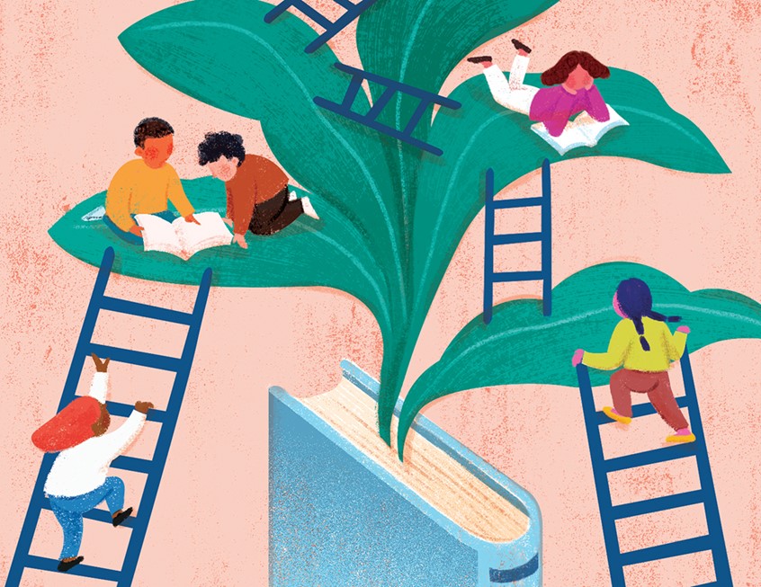 illustration of Book with plant growing out of it, for article on children learning during the pandemic. Multi-cultural children on ladders and leaves reading books. Literacy, joy of reading, growth, diversity