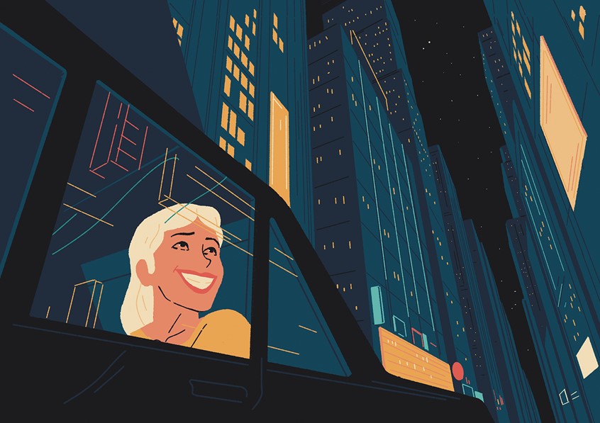illustration of illustration for children book Anna & Hannah, Young Anna and her nanny Hannah are resolving crimes while exploring some of the greatest city of the world, Rome, New York, Amsterdam... / colorful, investigation, friendship, tourism, night, city lights, taxi cab, buildings