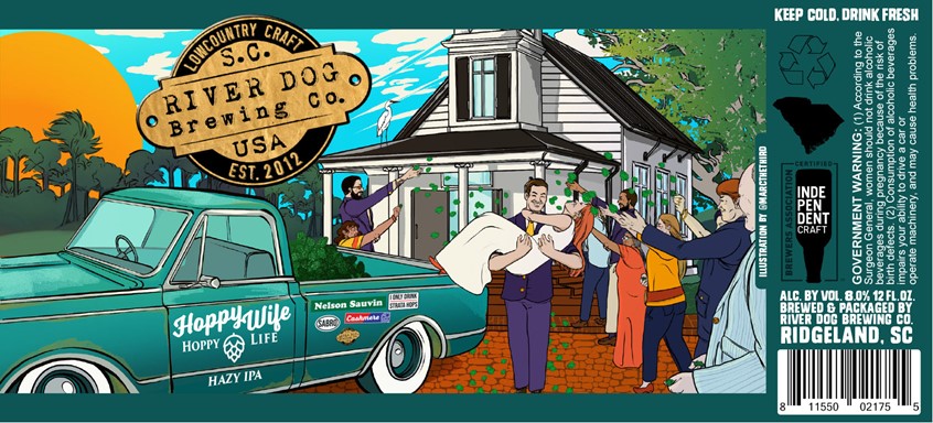 illustration of Beer Label Design for Hazy Ipa by River Dog Brewing Company. Digital Illustration of a wedding scene with an old Chevy truck filled with Hops. Done with Photoshop, Indesign, and Illustrator.
Food, Drink, Pattern, alcoholic, beverage, package, label, beer, bottle, can, craft, seamless, textile, book cover, hipster, young, person, bearded man, beard, dude, cool attitude, people, handsome, man, male, woman, female, wedding, chevy, truck, happy ever after, church, lowcountry