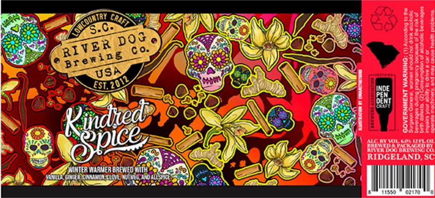 illustration of Beer Label Design for Spiced Ale with Herbs by River Dog Brewing Company. Digital Illustration of Vanilla, Cinnamon, Ginger, Nutmeg, Clove and Skulls. Halloween and fall elements. Done with Photoshop, Indesign, and Illustrator.
Merch, Food, Drink, Pattern, alcoholic, beverage, package, vector, label, beer, bottle, can, craft, seamless pattern, textile, decoration, decorating, diet, healthy eating, print,
