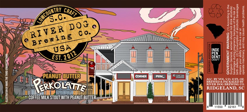 illustration of Beer Label Design for Coffee Stout with Peanut Butter by River Dog Brewing Company. Digital Illustration of Corner Perk coffee shop in Bluffton South Carolina. Done with Photoshop, Indesign, and Illustrator.
Food, Drink, Pattern, alcoholic, beverage, package, label, beer, bottle, can, craft, seamless, textile, book cover, hipster, young, person, bearded man, beard, dude, cool attitude, people, handsome, man, male, woman, female, wedding, chevy, truck, happy ever after, church, lowcountry