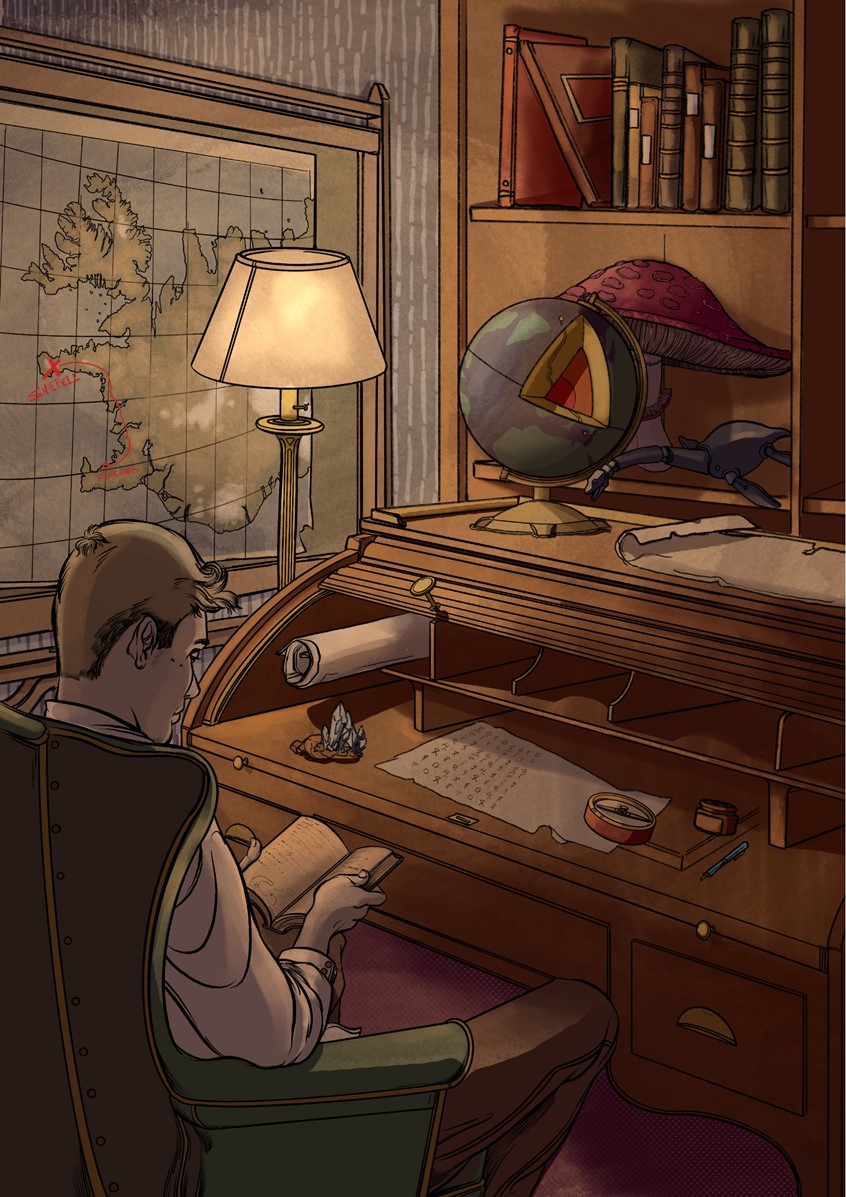 illustration of Illustration vignette created for Hire an Illustrator's Jules Verne collaboration show. Showcased in London and in a printed volume. Done with Pen and Ink and digital color. Based on the book