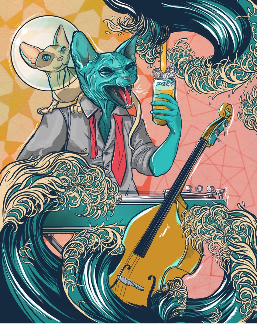 illustration of Poster Design for Two Tides Brewing Company. Digital Illustration of an anthropomorphic cat playing a steel guitar. Done with Photoshop, Indesign, and Illustrator.
Food, Drink, alcoholic, beverage, package, label, beer, bottle, can, craft, hipster, young, person, bearded man, beard, glass, dude, cool attitude, people, handsome, man, male, instruments, sphinx cat, animal hairless, music, waves, ocean, water, sea, purebred, feline, cat, pet, hypoallergenic, advertising, campaign, branding