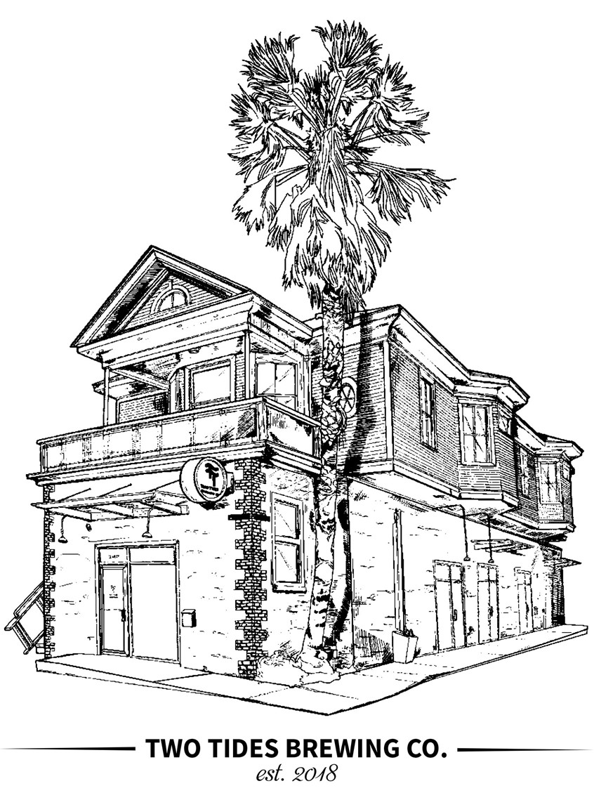 illustration of For the one year anniversary of Two Tides Brewing Company, we drafted an architectural drawing of there building. Sketched using ink and pencil and then recreated as a vector piece we used it to create silkscreen prints for merchandise and apparel.
Merch, Food, Drink, Pattern, alcoholic, beverage, package, vector, label, beer, bottle, can, craft, seamless pattern, textile, decoration, hop, hops, plants, floral, print,