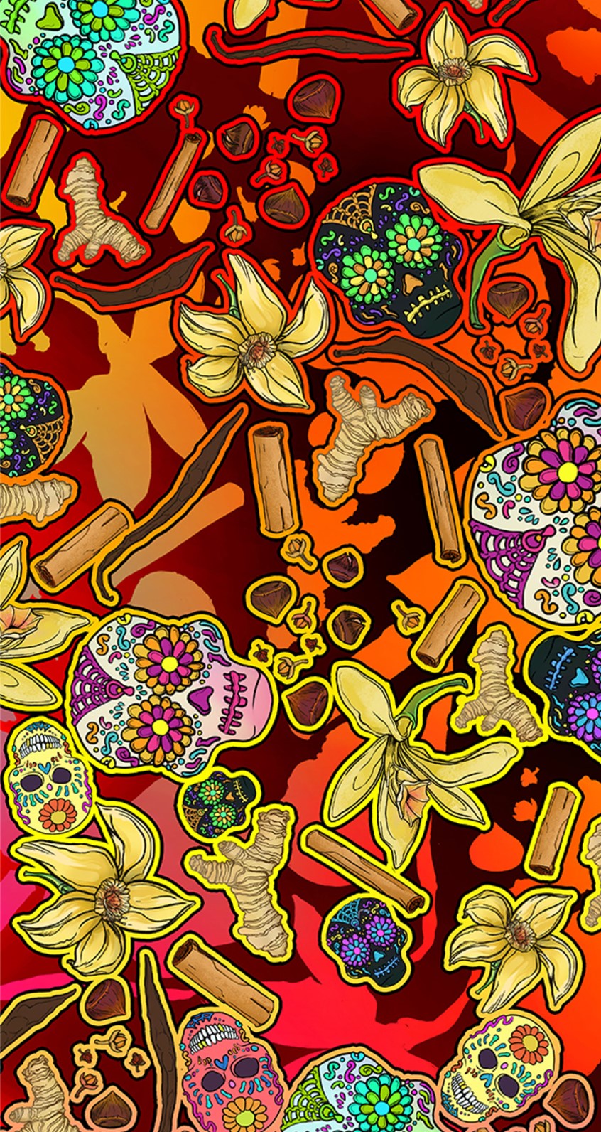 illustration of Beer Label Design for Spiced Ale with Herbs by River Dog Brewing Company. Digital Illustration of Vanilla, Cinnamon, Ginger, Nutmeg, Clove and Skulls. Halloween and fall elements. Done with Photoshop, Indesign, and Illustrator.
Merch, Food, Drink, Pattern, alcoholic, beverage, package, vector, label, beer, bottle, can, craft, seamless pattern, textile, decoration, decorating, diet, healthy eating, print,