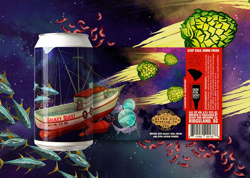 illustration of A new beer label for River Dog Brewing Company featuring space and galaxy illustrations. Alien tuna, hammerhead shark astronauts, and science fiction shrimp swim through the stars and nebula gas. We designed the Rocketship to look like a retro future shrimp boat hybrid.
Sci-fi exploration beer hops book cover pulp poster band music young hipster beard