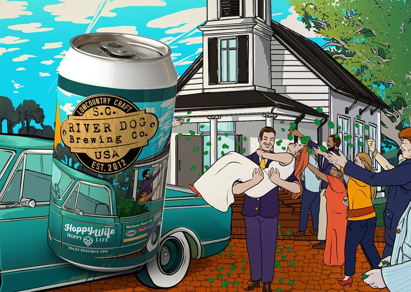 illustration of Beer Label Design for Hazy Ipa by River Dog Brewing Company. Digital Illustration of a wedding scene with an old Chevy truck filled with Hops. Done with Photoshop, Indesign, and Illustrator.
Food, Drink, Pattern, alcoholic, beverage, package, label, beer, bottle, can, craft, seamless, textile, book cover, hipster, young, person, bearded man, beard, dude, cool attitude, people, handsome, man, male, woman, female, wedding, chevy, truck, happy ever after, church, lowcountry