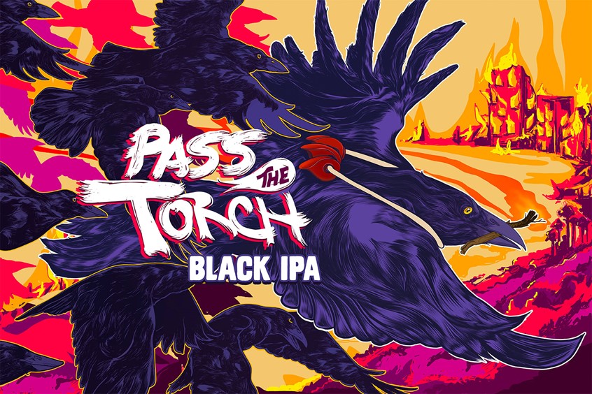 illustration of This Black IPA is a bittersweet take on the genre. Made with Cascade and Mosaic Hops, this dark ale takes you through a thick pine forest filled with rusted torched machinery. Toasted Marshmallow, Smoke, and dark chocolate flavors remind you that a better tomorrow is on the Horizon, but we have to burn the city to get there.
Beer Label Raven Torch Fire Bird Modern