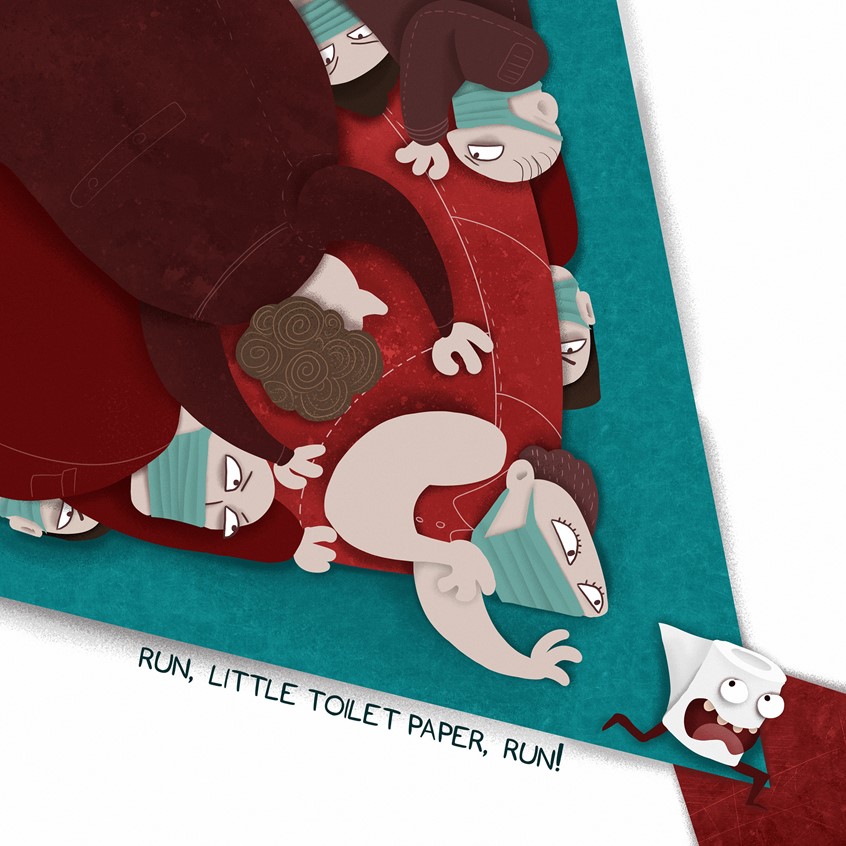 illustration of The hysteria around toilet paper on the peak of COVID-19.
covid-19, illustration, stylized, style, paper cut, red, toilet paper, coronavirus, quarantine, people, crowd, action, shape, design, blue, texture.