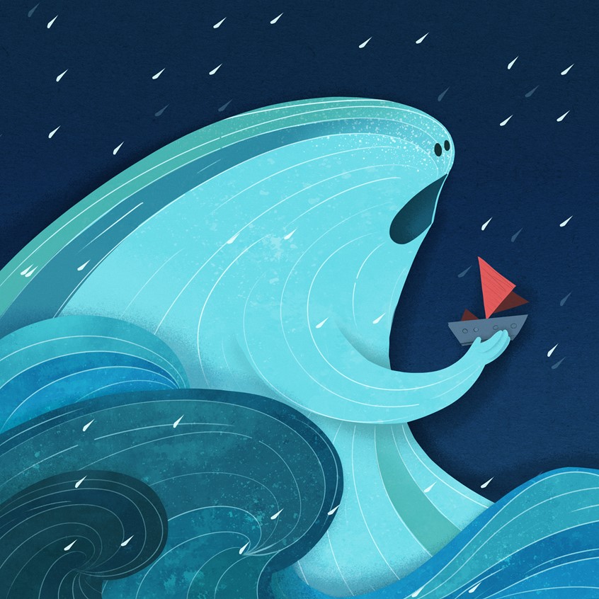 illustration of Too often we underestimate the power of a touch, a smile, a kind word, a listening ear, an honest compliment, or the smallest act of caring, all of which have the potential to turn a life around. ― Leo F. Buscaglia
illustration, children, child, waves, nature, sea, stylized, cartoon, cartoonish, ship, simple, papercut