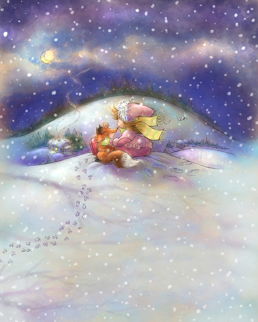 illustration of Digital watercolor painting with pencil line.
child,children,girl,fox,animal,spirit animal,winter,snow,snowfall,seasonal,friend,pet,whimsical,magical,children's book,night,red fox,wild animal