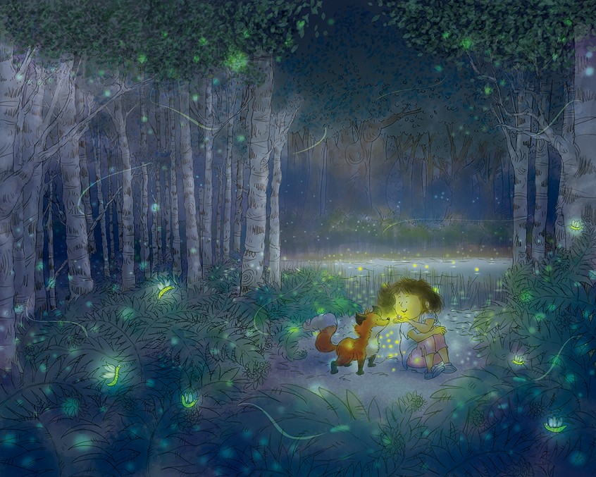 illustration of Digital watercolor with pencil line
spring,forest,woods,night,dusk,firefly,fireflies,fox,spirit animal,wild animal,pet,child,children,girl,nature