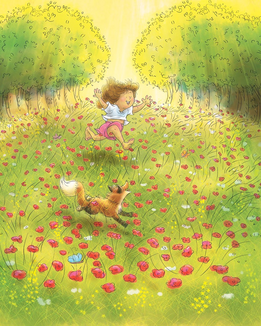illustration of Whimsical digital watercolor with pencil line,
child,children,meadow,flowers,wildflowers,girl,fox,pet,animal,wild animal,pet,sunny,sunshine,forest,woods,trees,