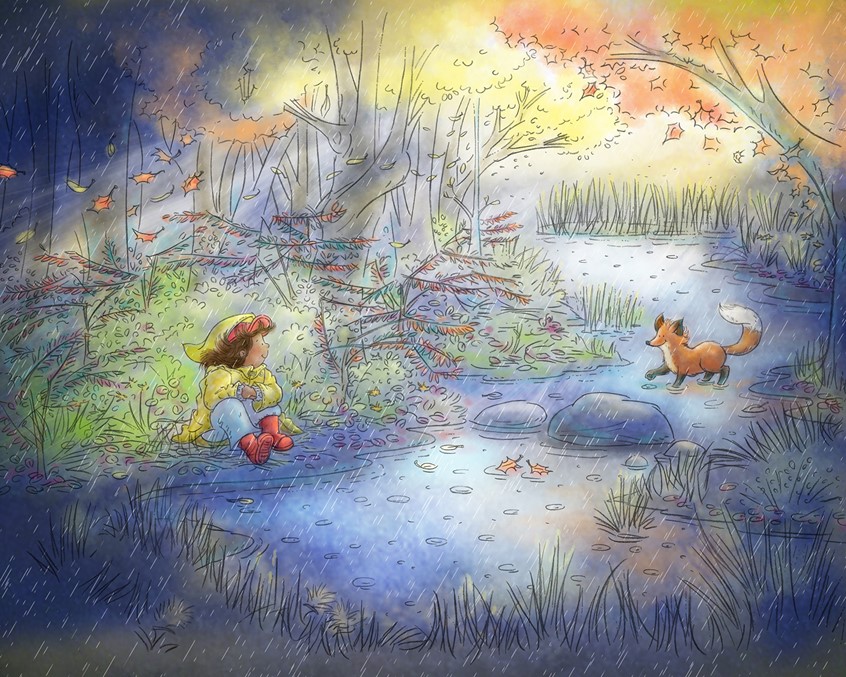 illustration of Whimsical digital watercolor painting with pencil line,child,children,girl,fox,animal,wild animal,spirit animal,forest,woods,stream,river,fall,autumn,season,rain,rainy,