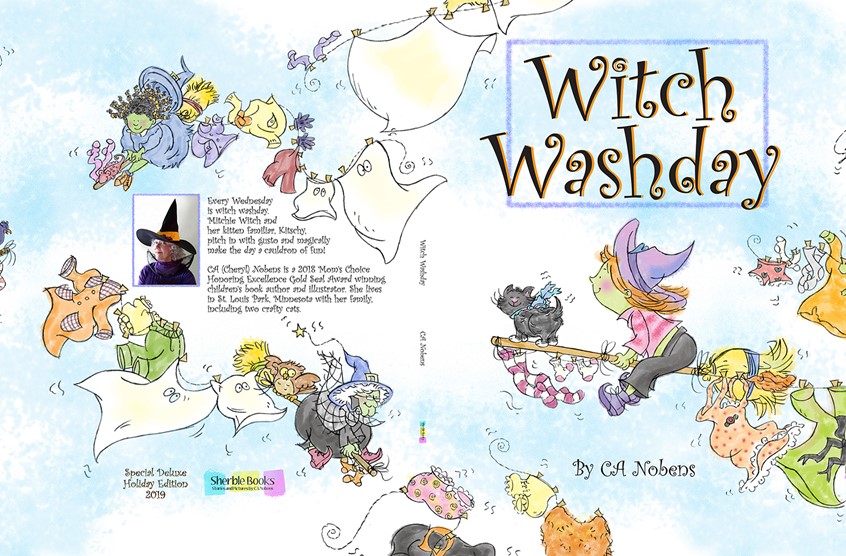illustration of Whimsical Digital Pastels with Pencil Line,holiday,Halloween,spooky,scary,witch,witches,familiar,cat,laundry,chores,broomstick,fly,fun,girl,child,children,trick or treat,washday