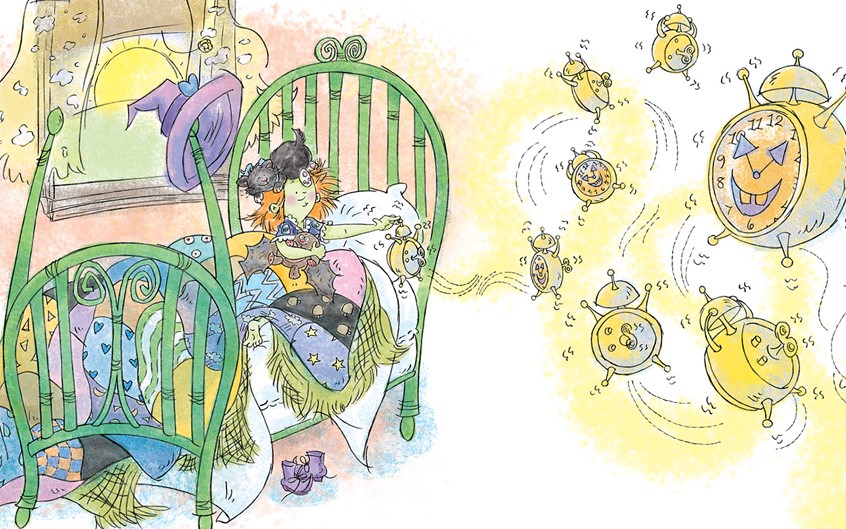 illustration of Whimsical digital pastel with pencil line,witch,witches,girl,cat,familiar,magic,magical,spell,morning,wake,children,child,holiday,Halloween,holiday,spooky,scary,trick or treat,