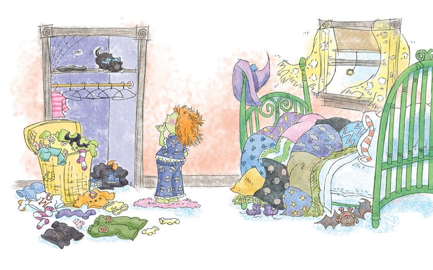 illustration of Whimsical,digital,pastel,pencil,line,witch,witches,cat,animal,familiar,holiday,Halloween,trick or treat,spooky,scary,October 31,October,fall,autumn,laundry,chores,girl,child,children,
