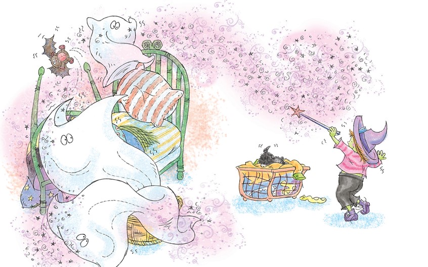 illustration of Whimsical,digital,pastel,girl,child,children,cat,familiar,magic,spell,magic wand,laundry,chores,holiday,Halloween,fall,autumn,trick or treat,