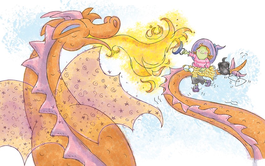 illustration of Whimsical,digital,pastel,pencil,pencil line,dragon,magic,witch,witches,cat,familiar,animals,fire-breathing,laundry,chores,holiday,Halloween,trick or treat,fall,autumn,iron,ironing