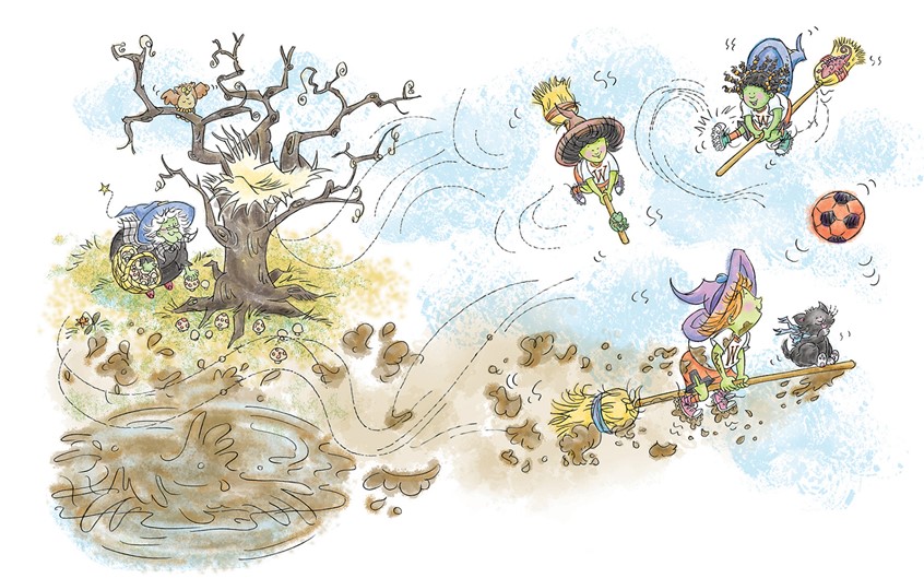 illustration of Whimsical,digital,pastel,pencil,pencil line,child,children,witch,witches,girl,girls,magic,holiday,Halloween,fall,autumn,laundry,chores,soccer,broomstick,flying,friends