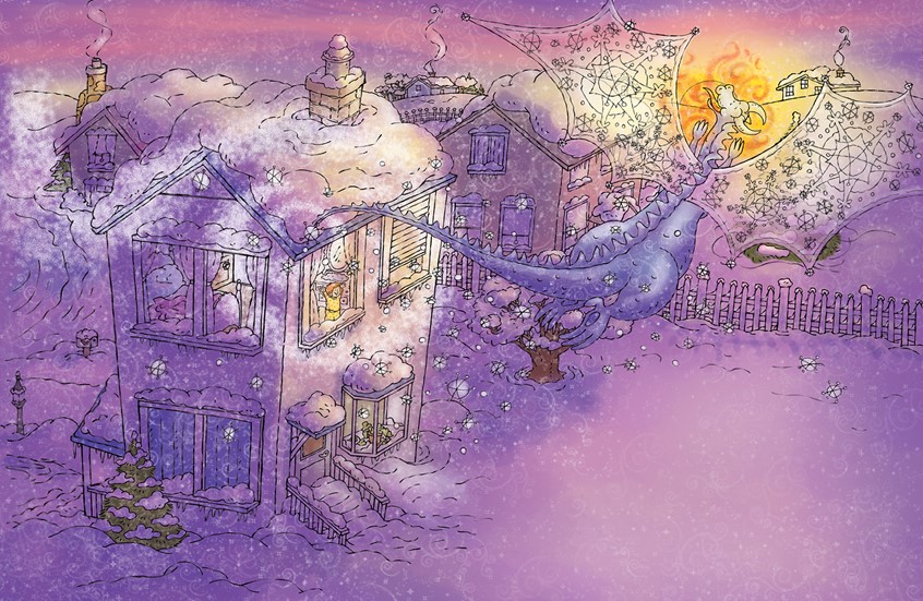illustration of Whimsical, digital,watercolor,pencil,pencil line,winter,snow,snowy,snow day,school,dragon,flying dragon,fire-breathing dragon,child,children,family,home,girl,dog,animal,morning,dawn,neighborhood,poem,poetry