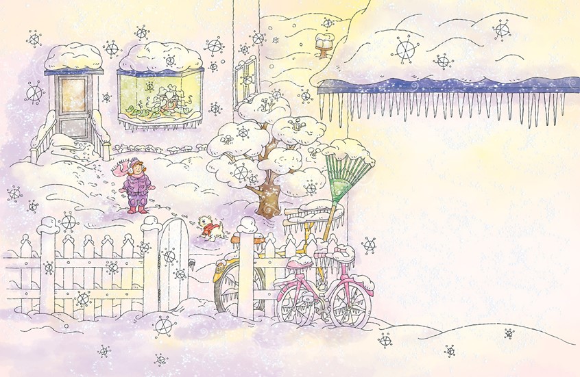 illustration of whimsical,digital,watercolor,pencil,pencil line,girl,child,children,family,home,winter,snow,snowy,snow day,ice,cold,dog,animal,pet,poem,poetry,