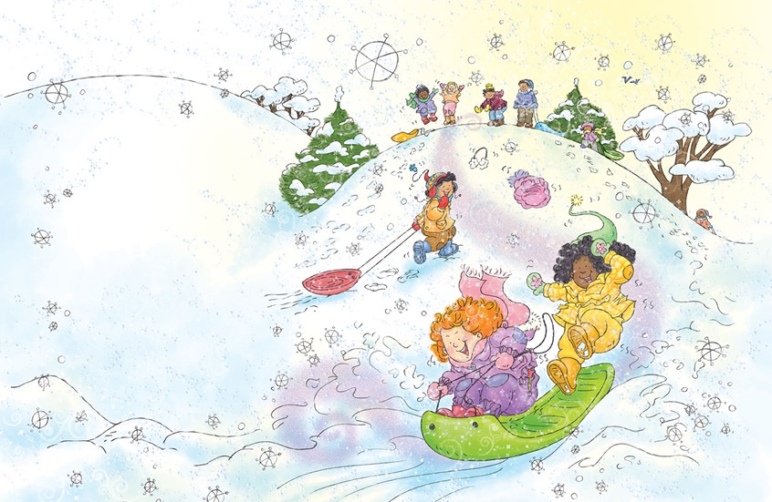 illustration of Whimsical,digital,watercolor,winter,snow,snowy,snow day,sliding,toboggan,saucer,diversity,child,children,girl,friend,friends,Asian,African American,Caucasian,