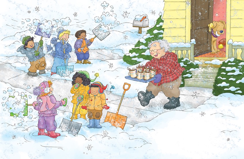 illustration of whimsical,digital,watercolor,neighborhood,neighbor,winter,snow,snowy,snow day,shoveling,shovel,help,chore,girl,friend,friends,boy,child,children,kindness,home,family,diversity,Asian,African American, Caucasian,grandpa,grandparent,old,dog,pet,animal