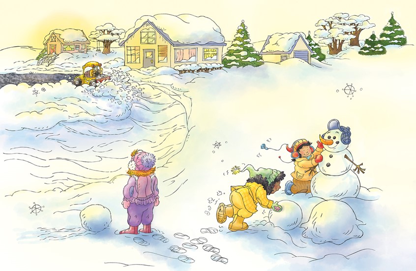 illustration of Whimsical,digital,watercolor,winter,snow,snowy,snow day,twilight,afternoon,snowplow,snow plow,girl,girls,child,children,diversity,Asian,African-American,Caucasian,snow man,poem,poetry,sundown,sunset