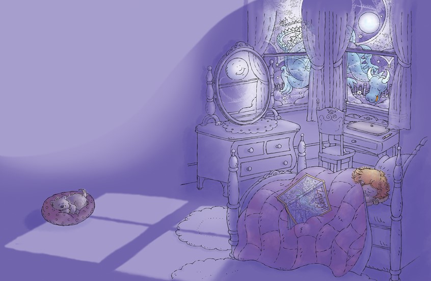 illustration of Whimsical,digital,watercolor,winter,snow,snowy,snow day,moonlight,snowlight,moon,dragon,girl,child,children,dog,pet,animal,sleep,sleepy,sleeping,magical,flying dragon,poem,poetry,reading,book,home,family,