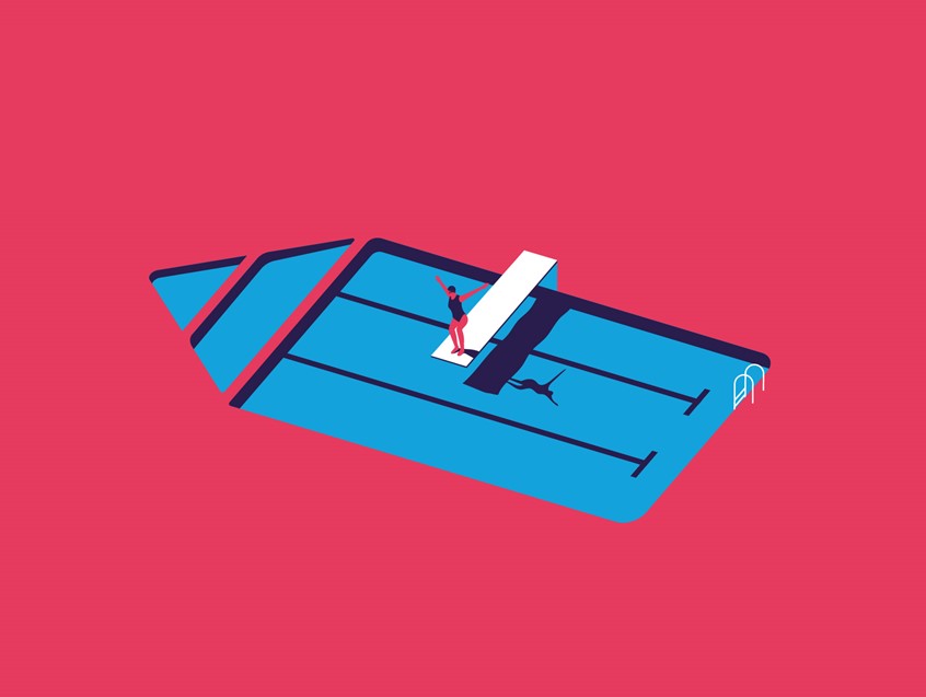 illustration of Created for interior design book, 'In With The Interior Design Crowd'. A full page illustration for the chapter, 'Freelancing'. Book, design, freelance, editorial, pencil, diving board, swimming pool, conceptual, artist, pink, blue.