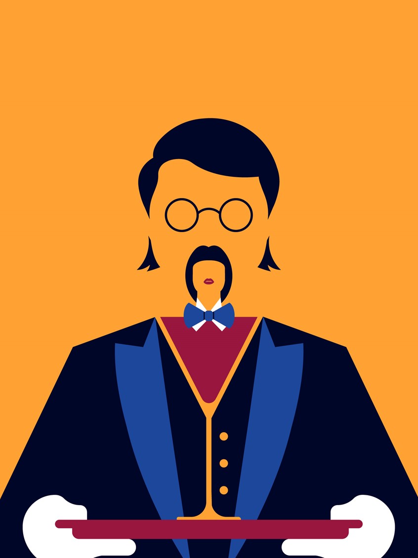 illustration of Absolut UK combined their love for cocktails and art, commissioning me to create an illustration for their iconic bottle. Using the classic Expresso Martini as inspiration, I created a bold, rich and indulgent illustration to reflect the signature serve. cocktail, alcohol, drink, butler, wine, moustache, negative space, yellow, bow tie, vodka.