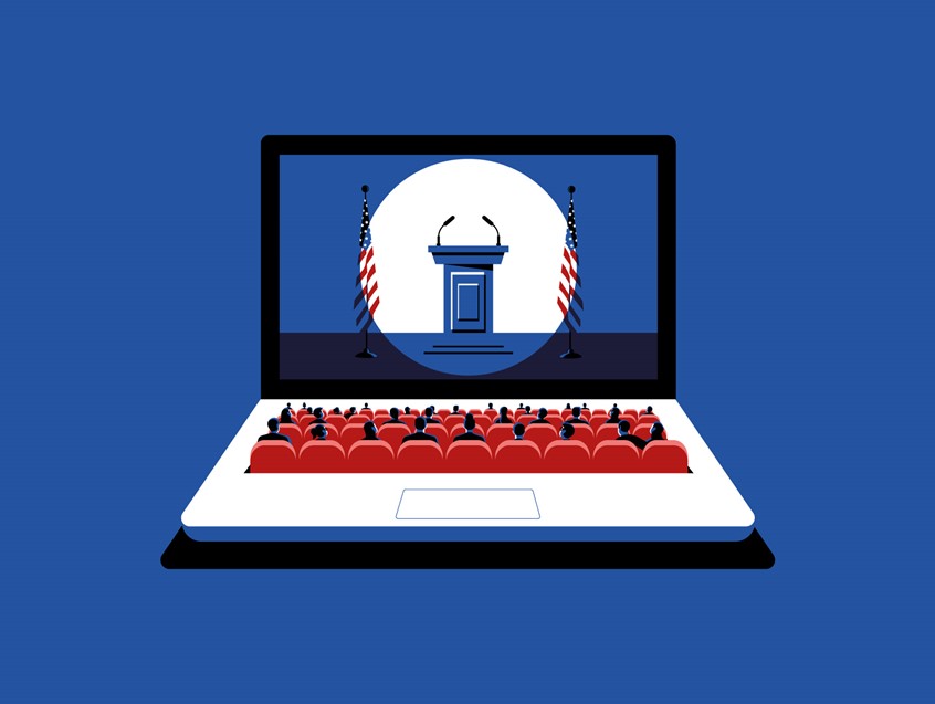 illustration of Created for Harvard Business Review, the article talks about the compulsive monitoring of presidential news through digital platforms. Editorial, cinema, presidential, president, social media, digital, laptop, internet, blue, conceptual, spotlight, public, obsession.